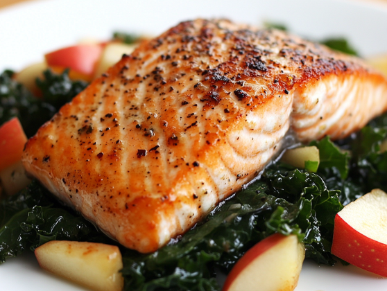 Yummy Pan-Seared Salmon with Kale and Apple Salad